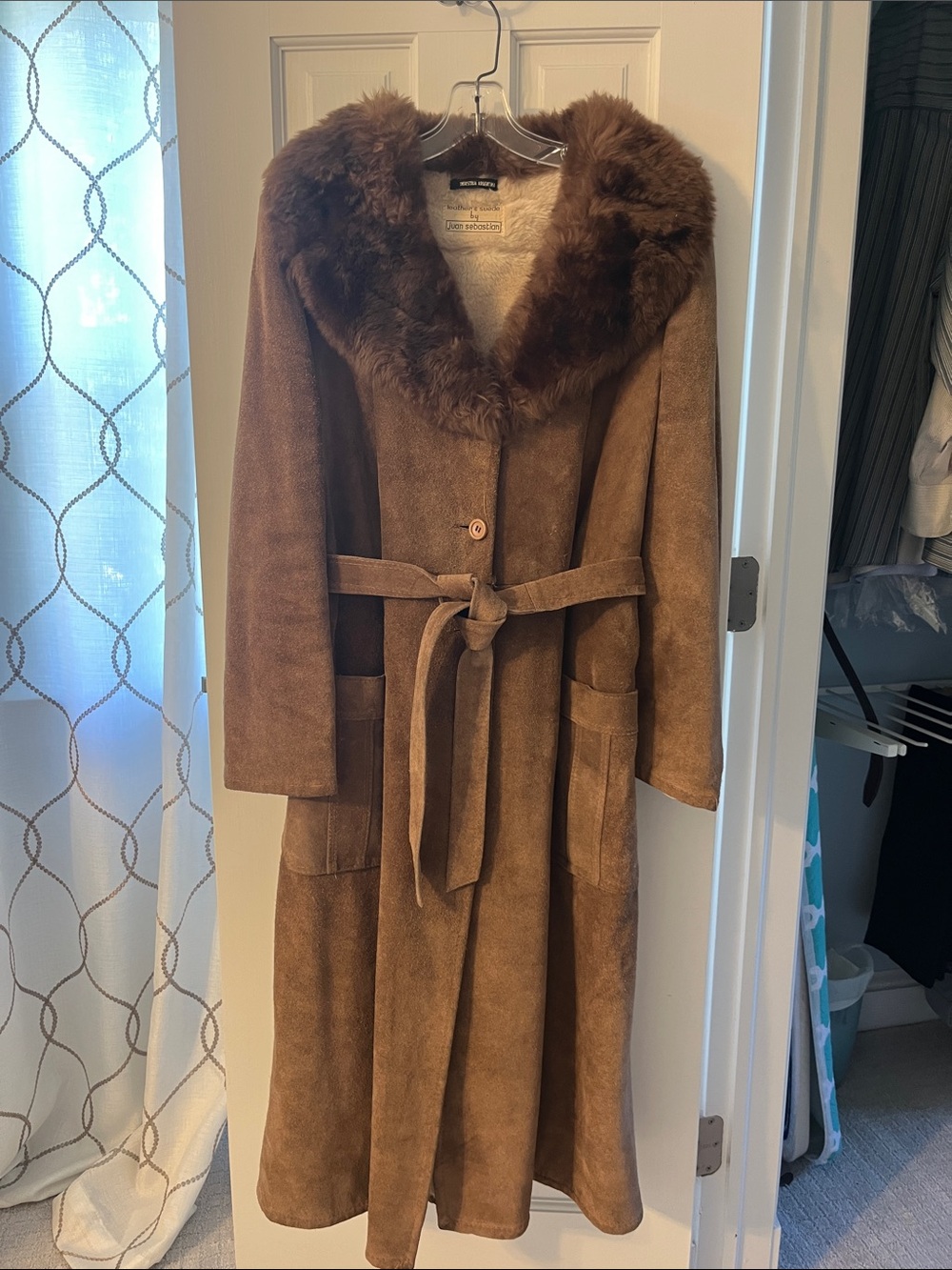 Classic Brown Faux-Suede Trench Coat with Faux Fur Collar